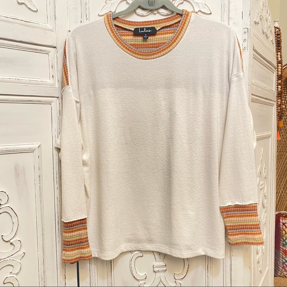 Lulu’s Cream & Fall Colors Stripes Color And Cuff Trim Oversized Sweater Top S - Picture 3 of 8
